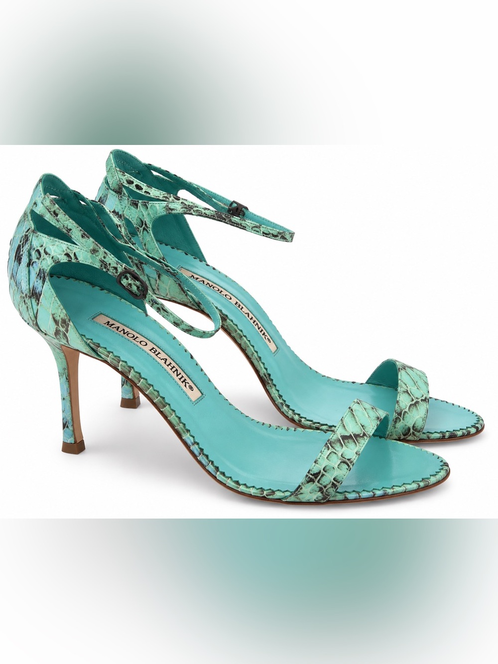 Manolo Blahnik Pari Turquoise Snakeskin Ankle-Strap Heels - 37.5